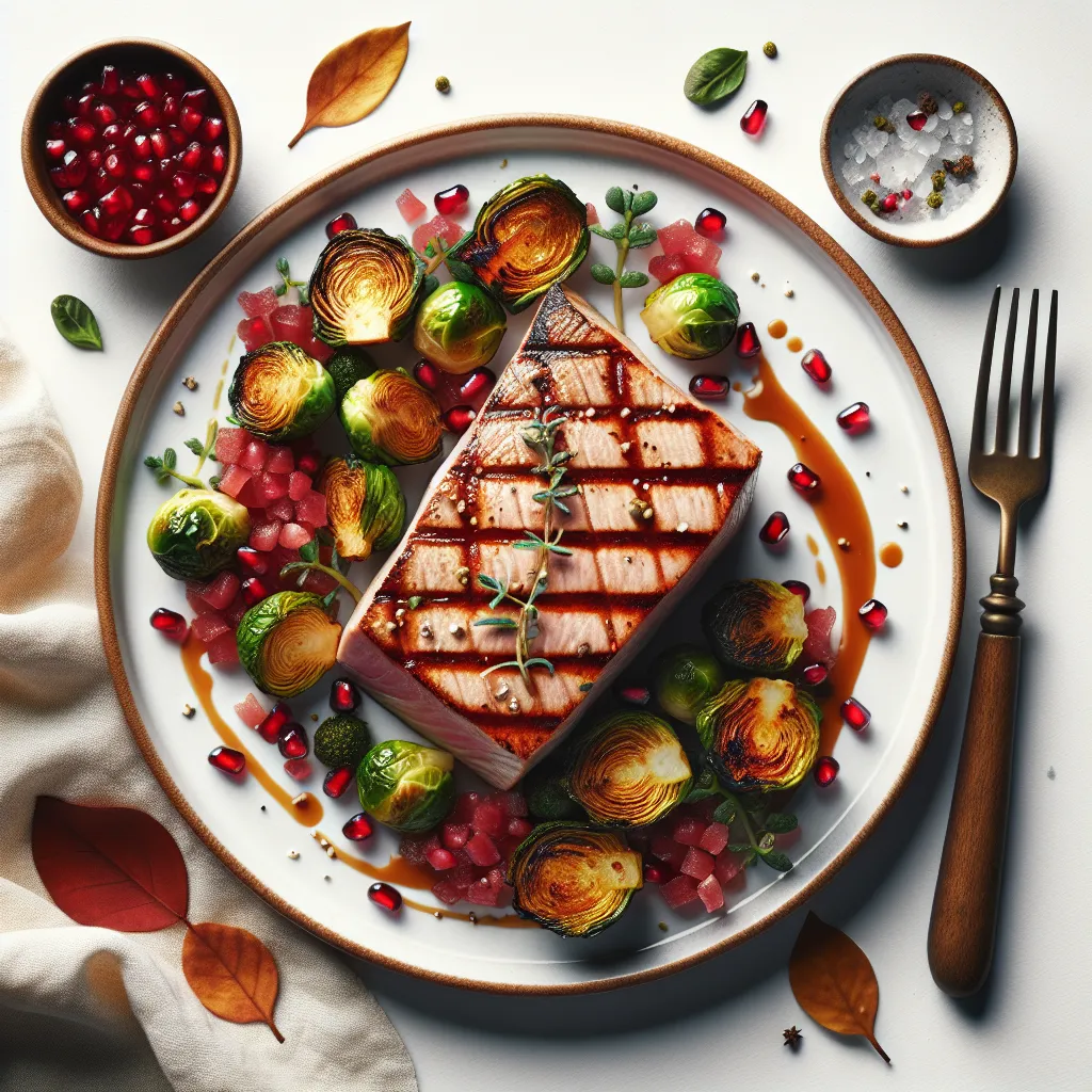 Autumnal Grilled Tuna with Pomegranate Glaze and Roasted Brussels Sprouts