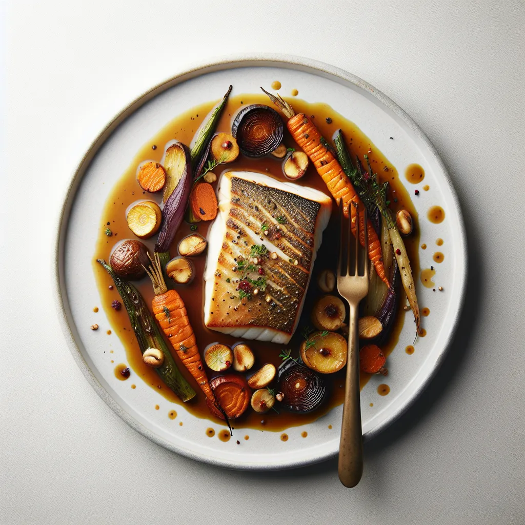 Autumnal Herb-Crusted Halibut with Roasted Root Vegetables and Chestnut Sauce