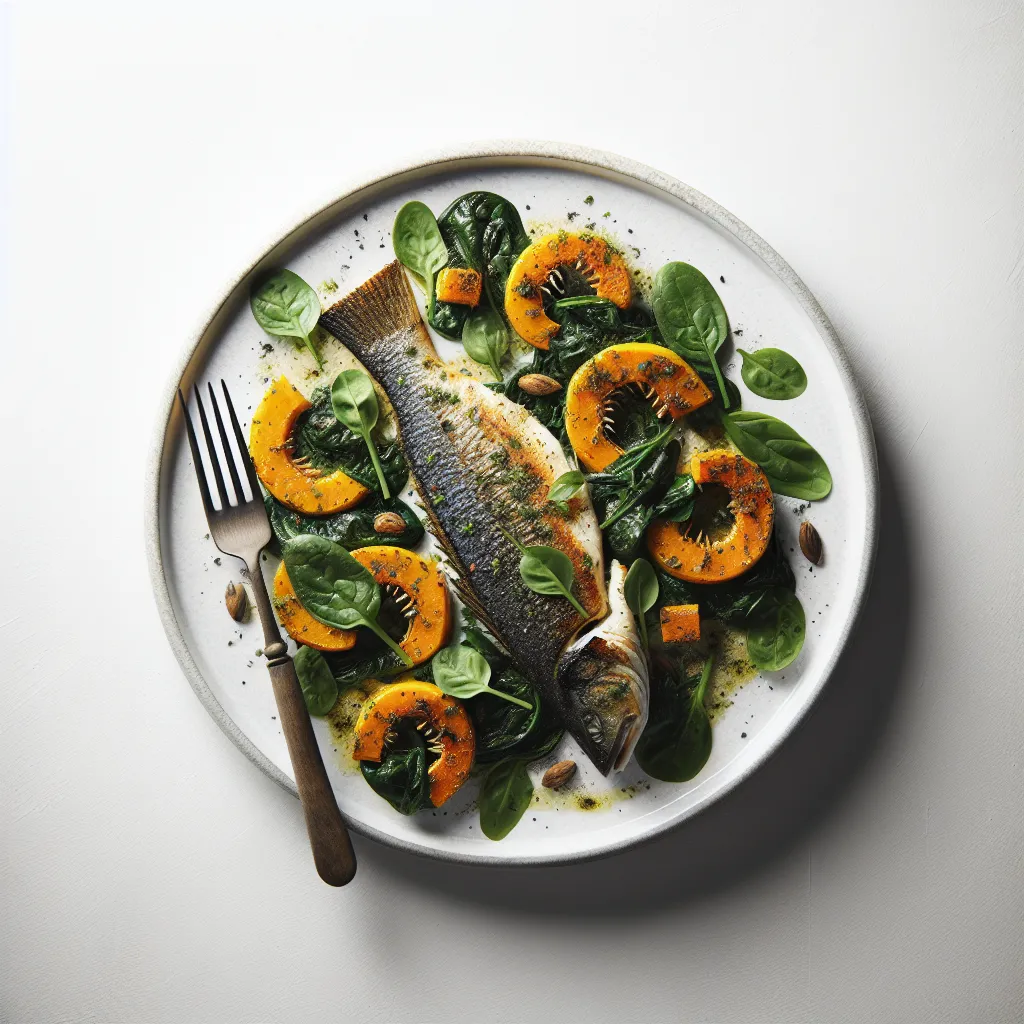 Autumnal Herb-Crusted Sea Bass with Roasted Pumpkin and Spinach
