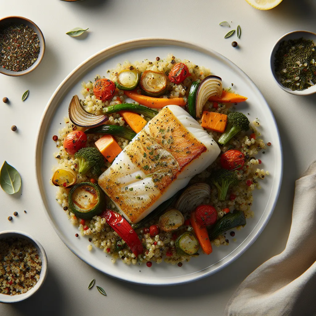 Baked Cod with Herbed Quinoa and Roasted Vegetables