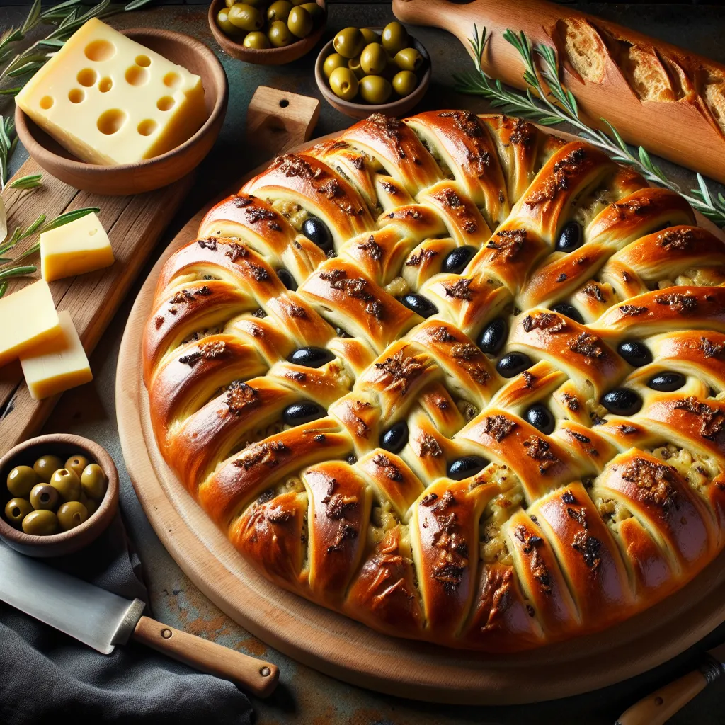 Fougasse with cheese, lardons and olives