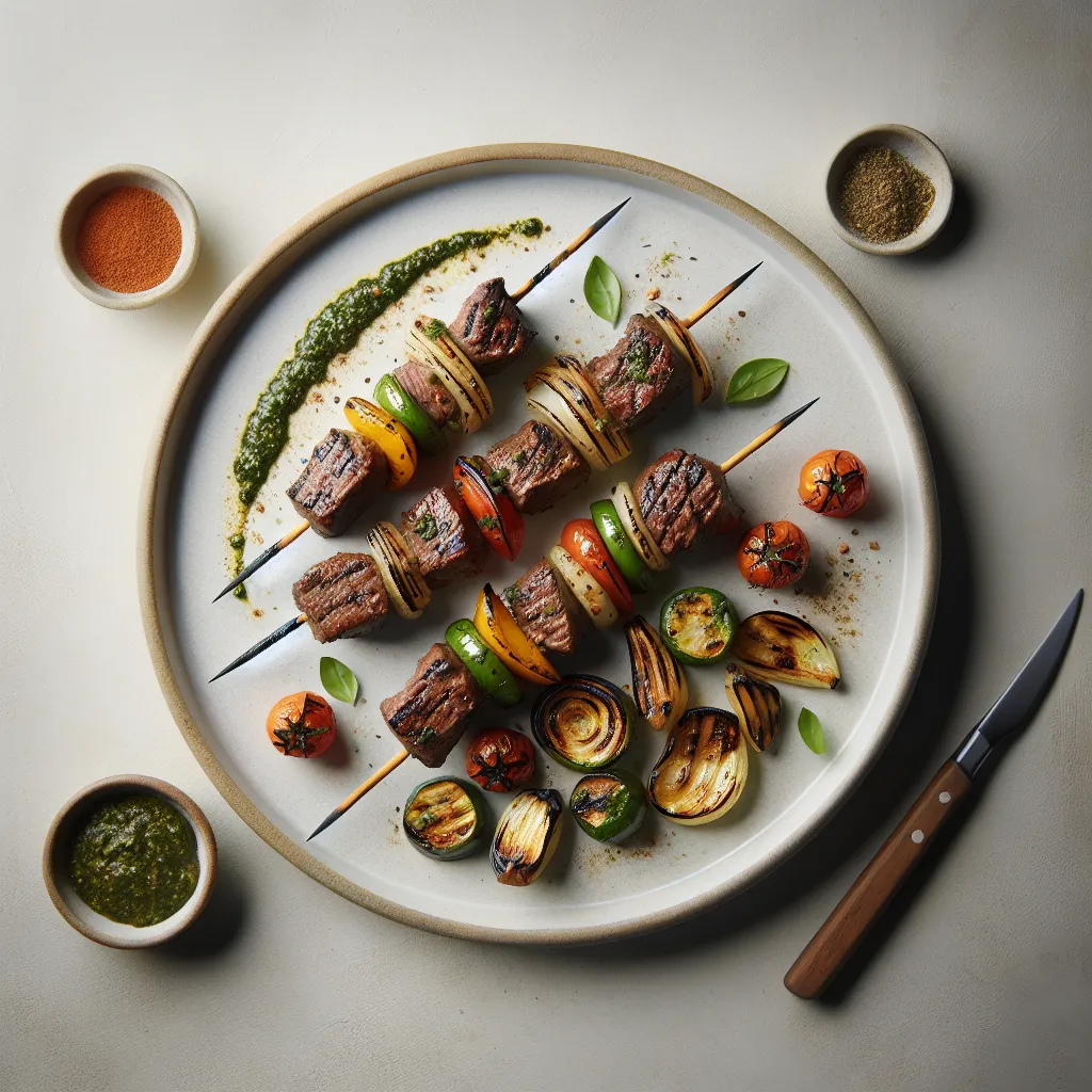 Grilled Beef Skewers with Chimichurri and Roasted Vegetables