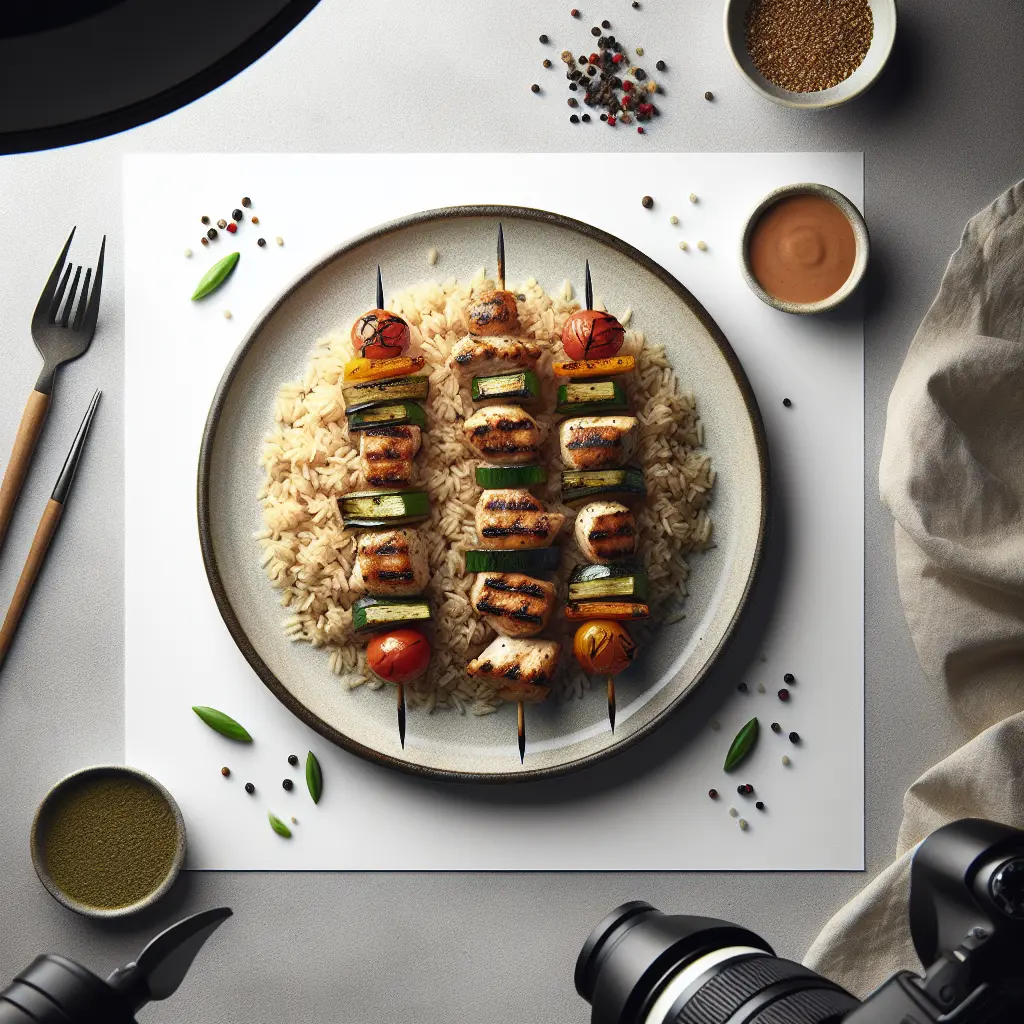Grilled Chicken and Vegetable Skewers with Brown Rice
