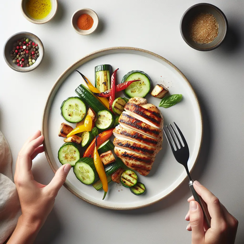 Grilled Chicken with Cucumber and Roasted Vegetable Medley