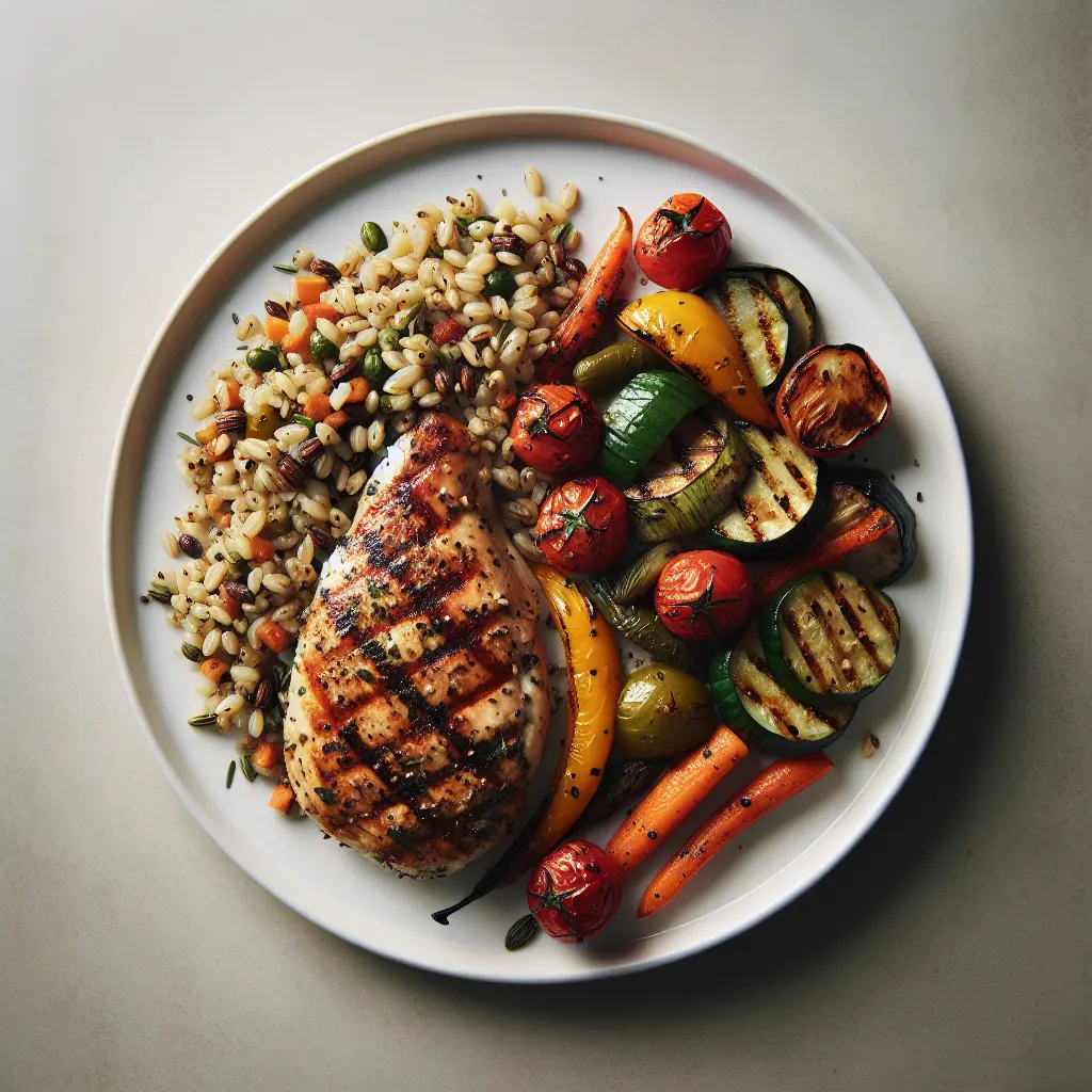 Grilled Herb-Marinated Chicken with Farro and Roasted Vegetables