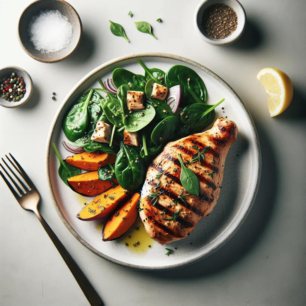 Grilled Lemon Herb Chicken with Sweet Potato and Spinach Salad