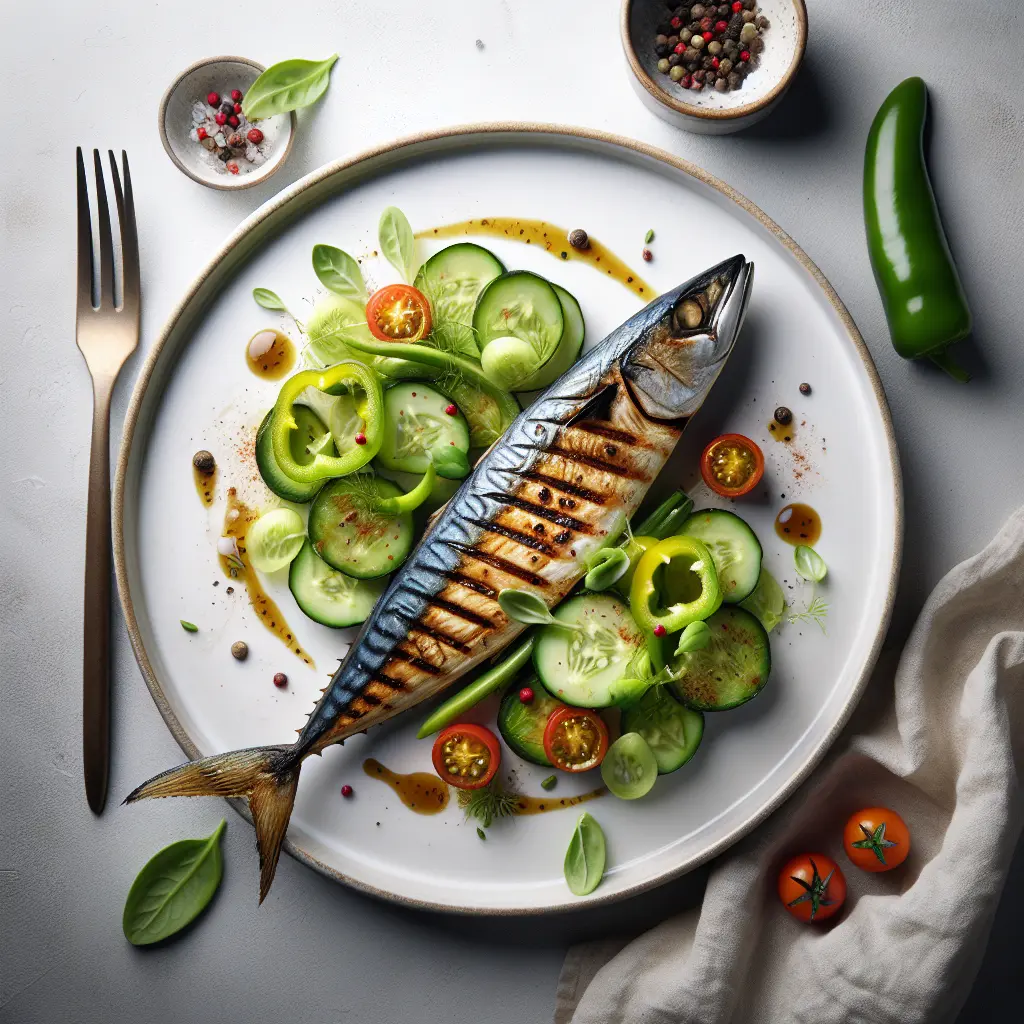 Grilled Mackerel with Cucumber and Green Bell Pepper Salad