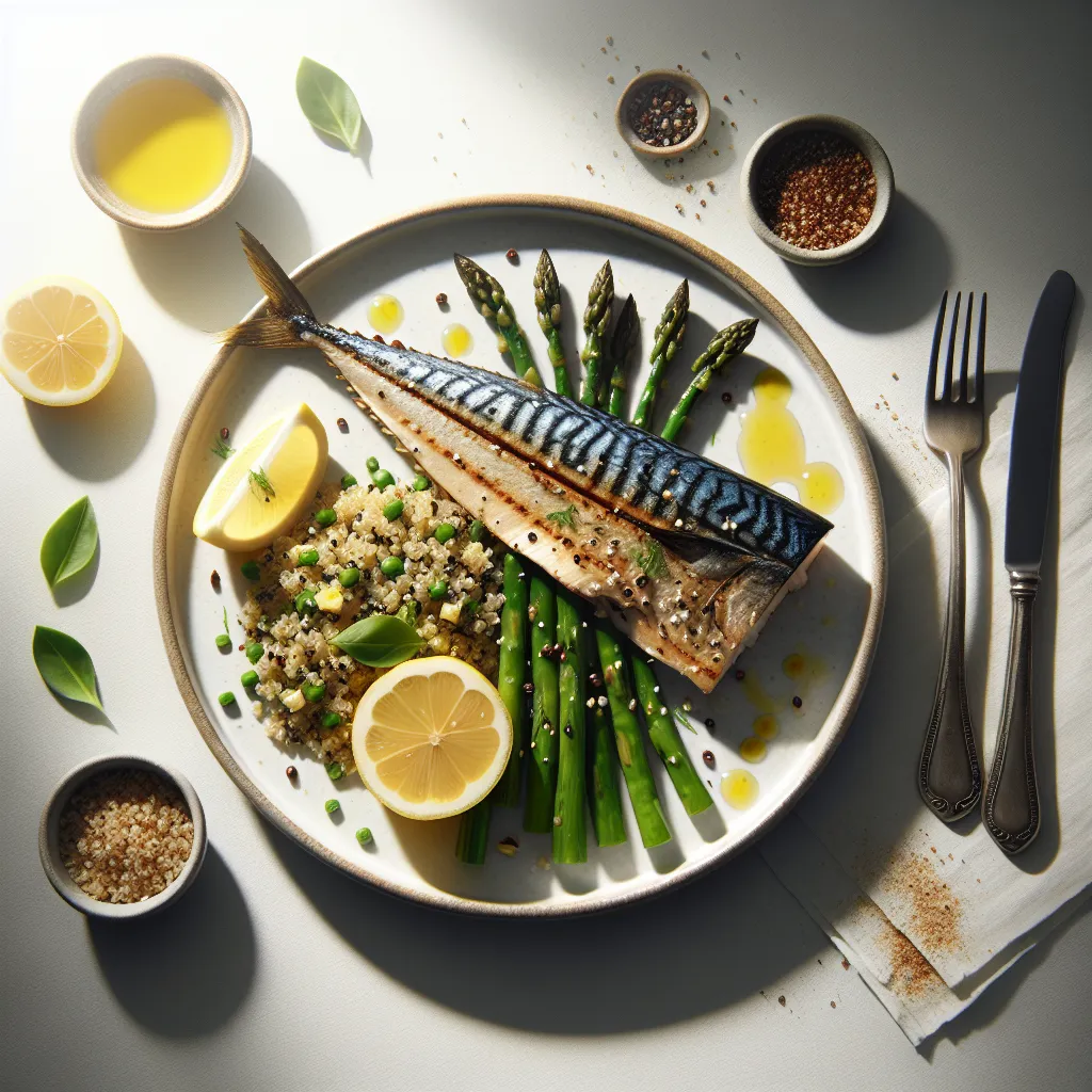 Grilled Mackerel with Lemon Herb Quinoa and Steamed Asparagus