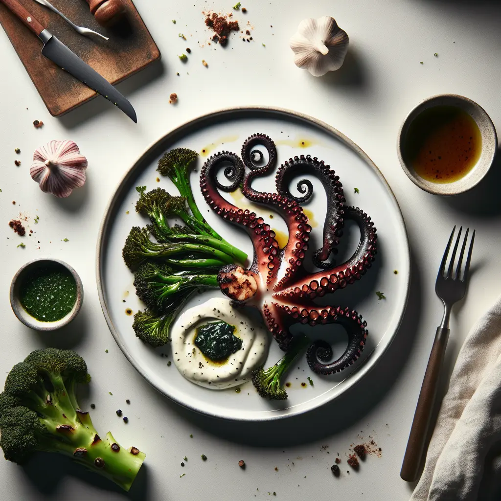 Grilled Octopus with Black Garlic Aioli and Charred Broccolini