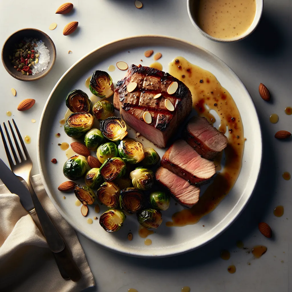 Grilled Pork Tenderloin with Roasted Brussels Sprouts and Almond Sauce