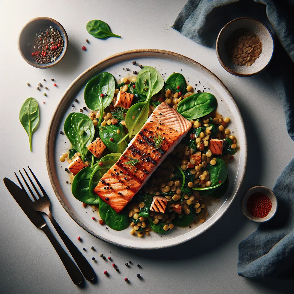 Grilled Salmon with Lentil and Spinach Salad