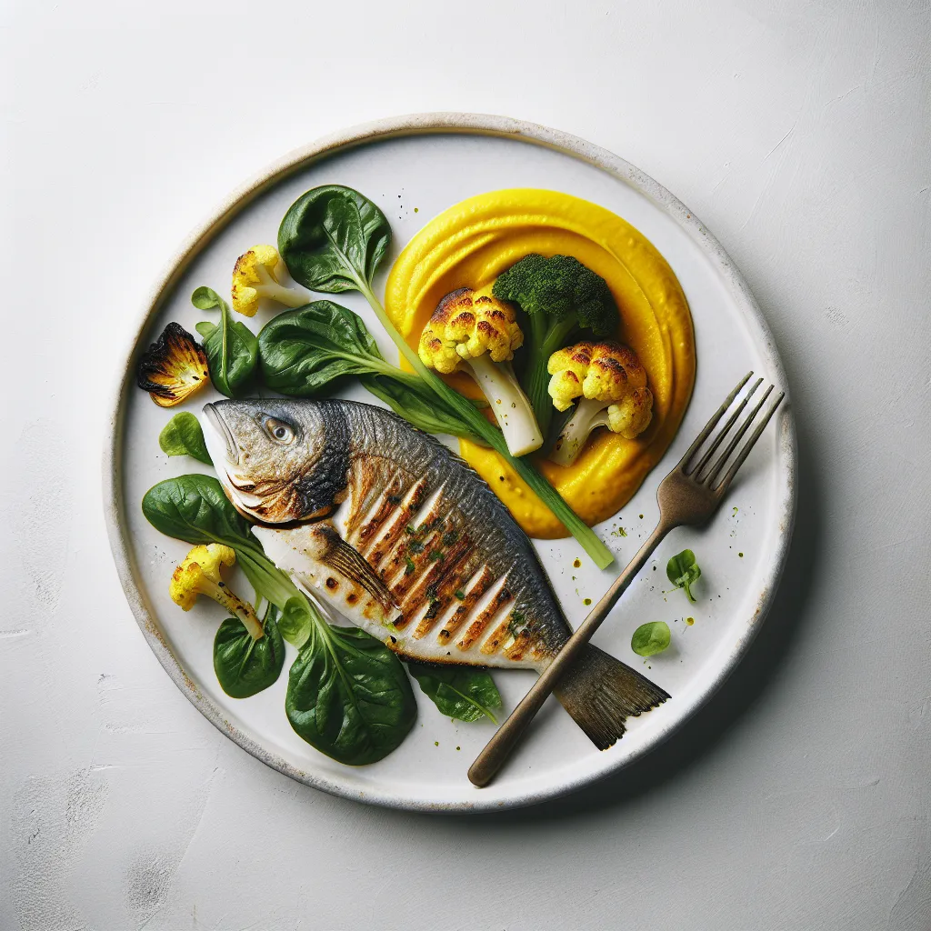 Grilled Sea Bream with Saffron-Infused Cauliflower Puree and Autumn Greens
