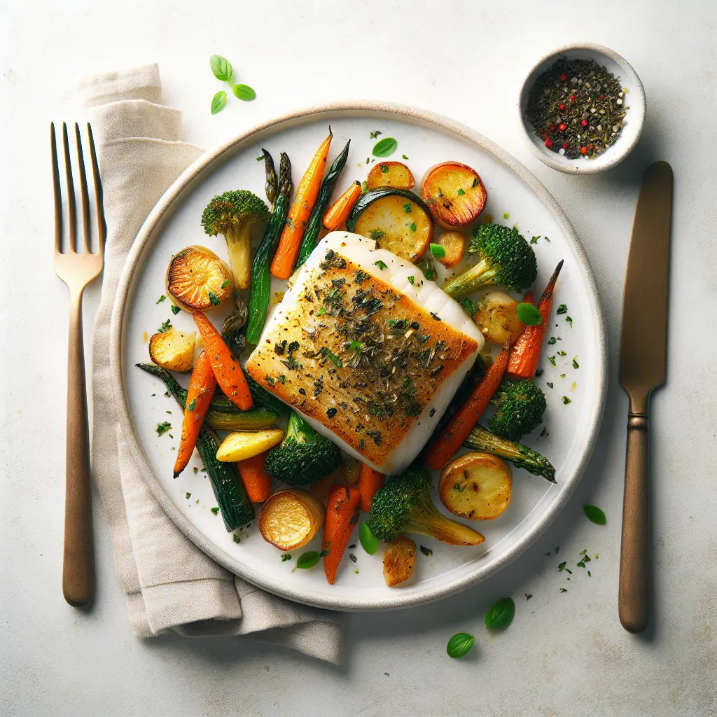 Baked Cod with Herb Crust and Roasted Vegetables