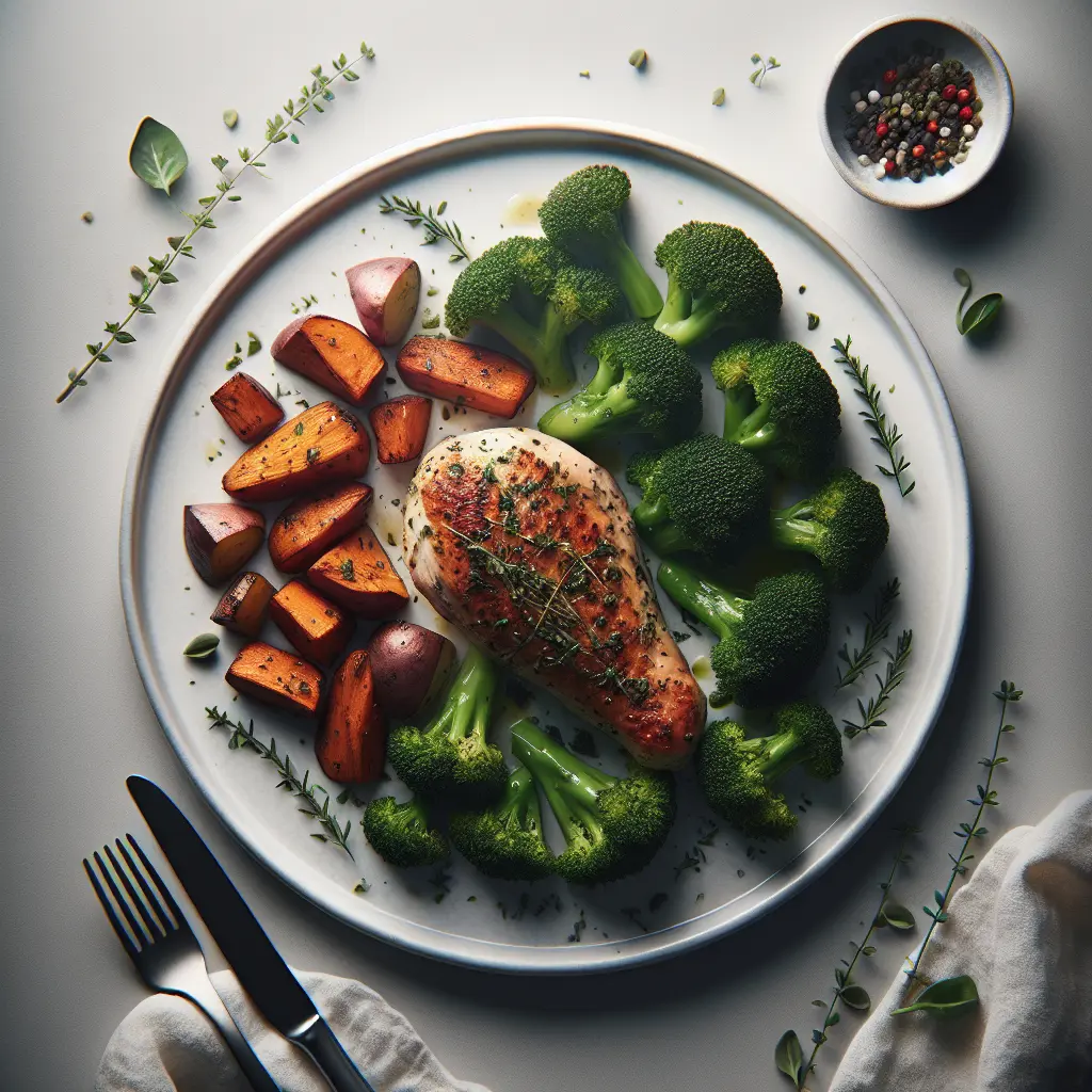 Herb-Crusted Chicken with Roasted Sweet Potatoes and Steamed Broccoli