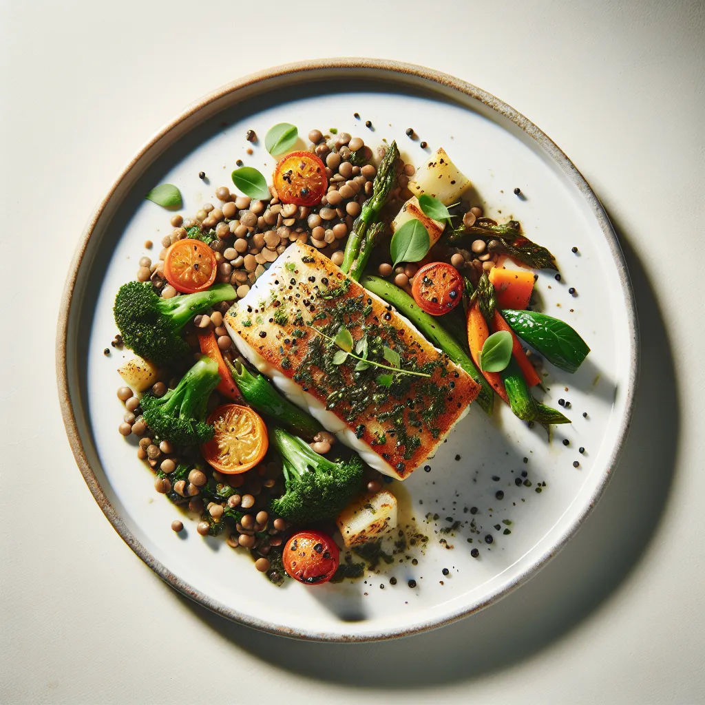 Herb-Crusted Cod with Lentil and Roasted Vegetable Medley