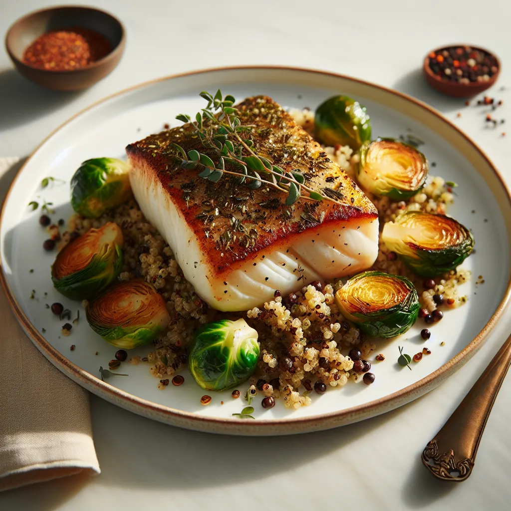 Autumn Herb-Crusted Cod with Roasted Brussels Sprouts and Quinoa
