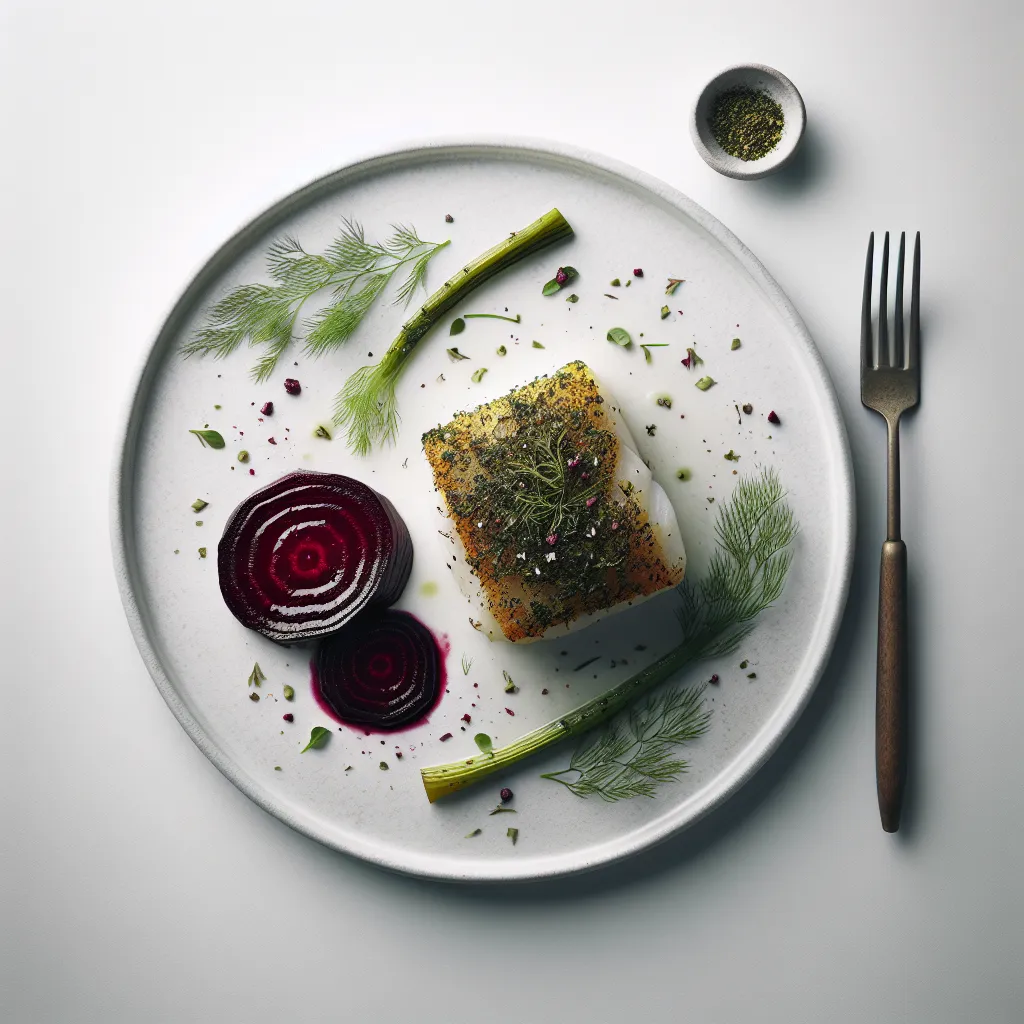 Herb-Crusted Cod with Saffron-Infused Fennel and Roasted Beetroot
