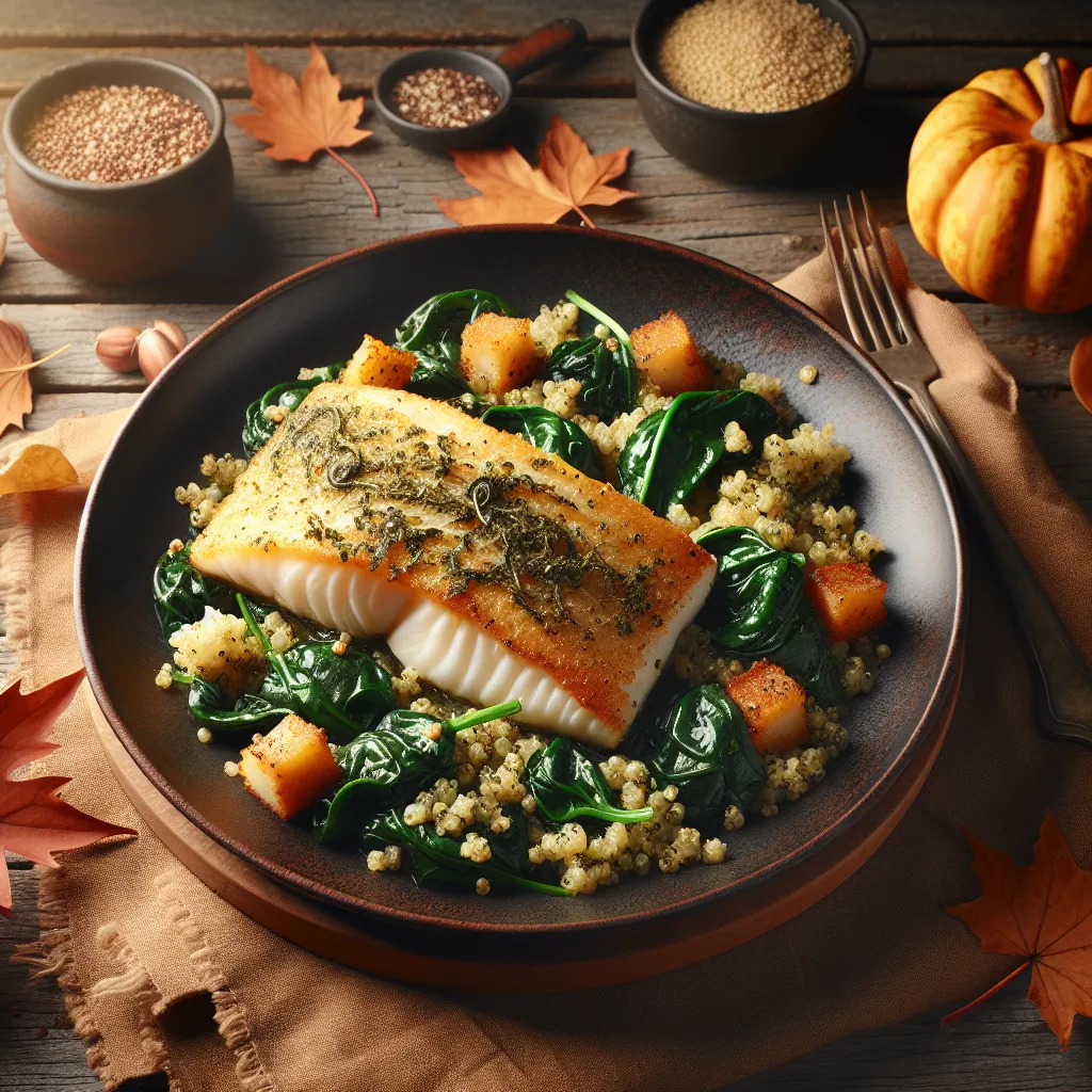 Autumn Herb-Crusted Haddock with Sautéed Spinach and Quinoa