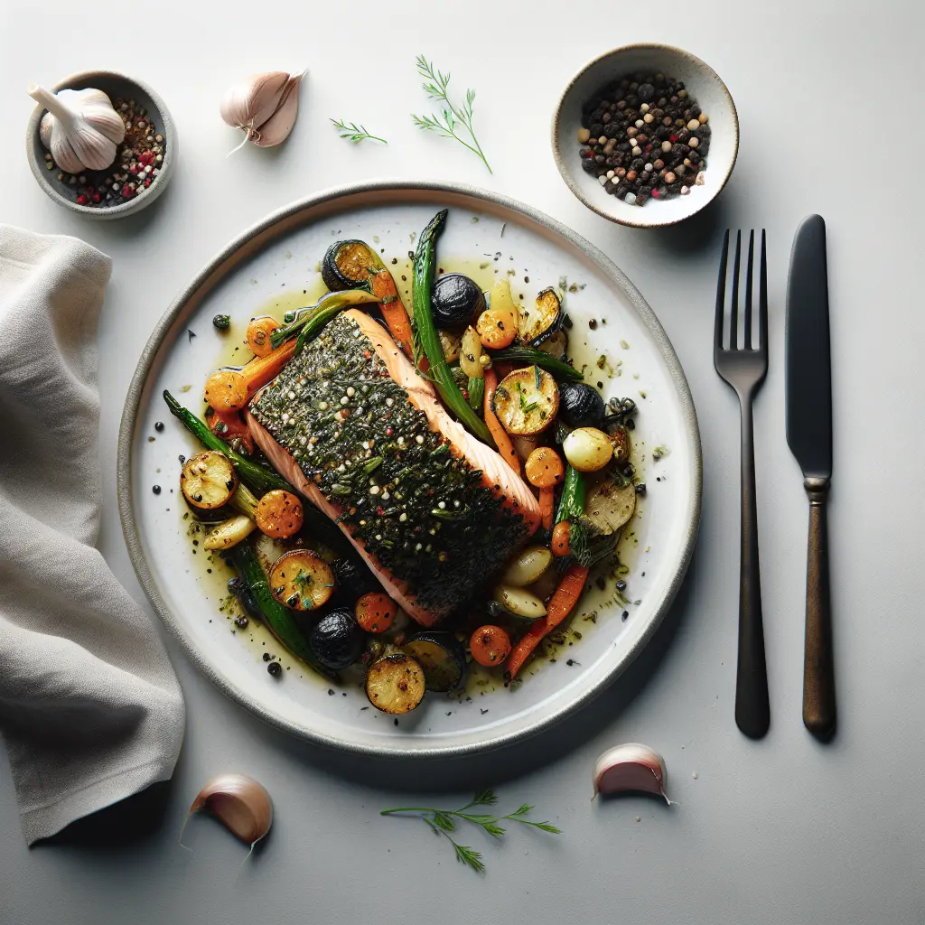 Herb-Crusted Salmon with Black Garlic and Roasted Vegetables