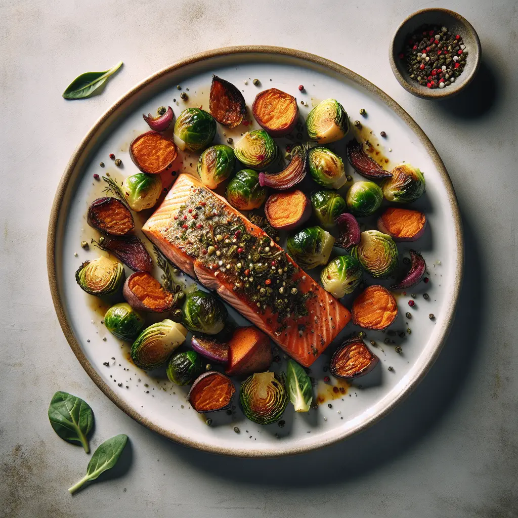 Autumn Herb-Crusted Salmon with Roasted Brussels Sprouts and Sweet Potato