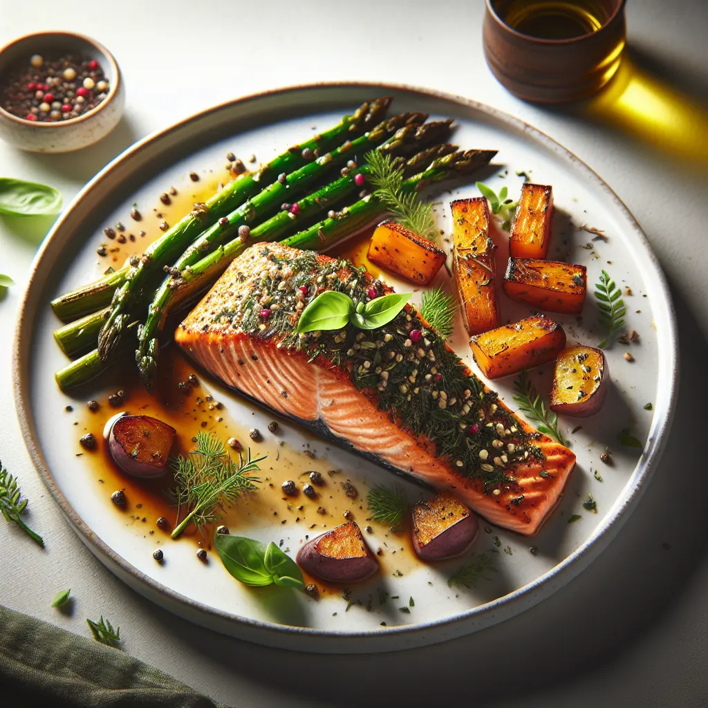 Herb-Crusted Salmon with Roasted Sweet Potatoes and Asparagus