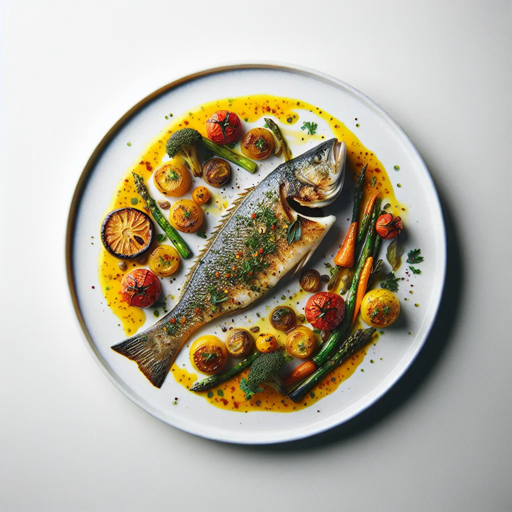 Herb-Crusted Sea Bass with Roasted Autumn Vegetables and Saffron Sauce