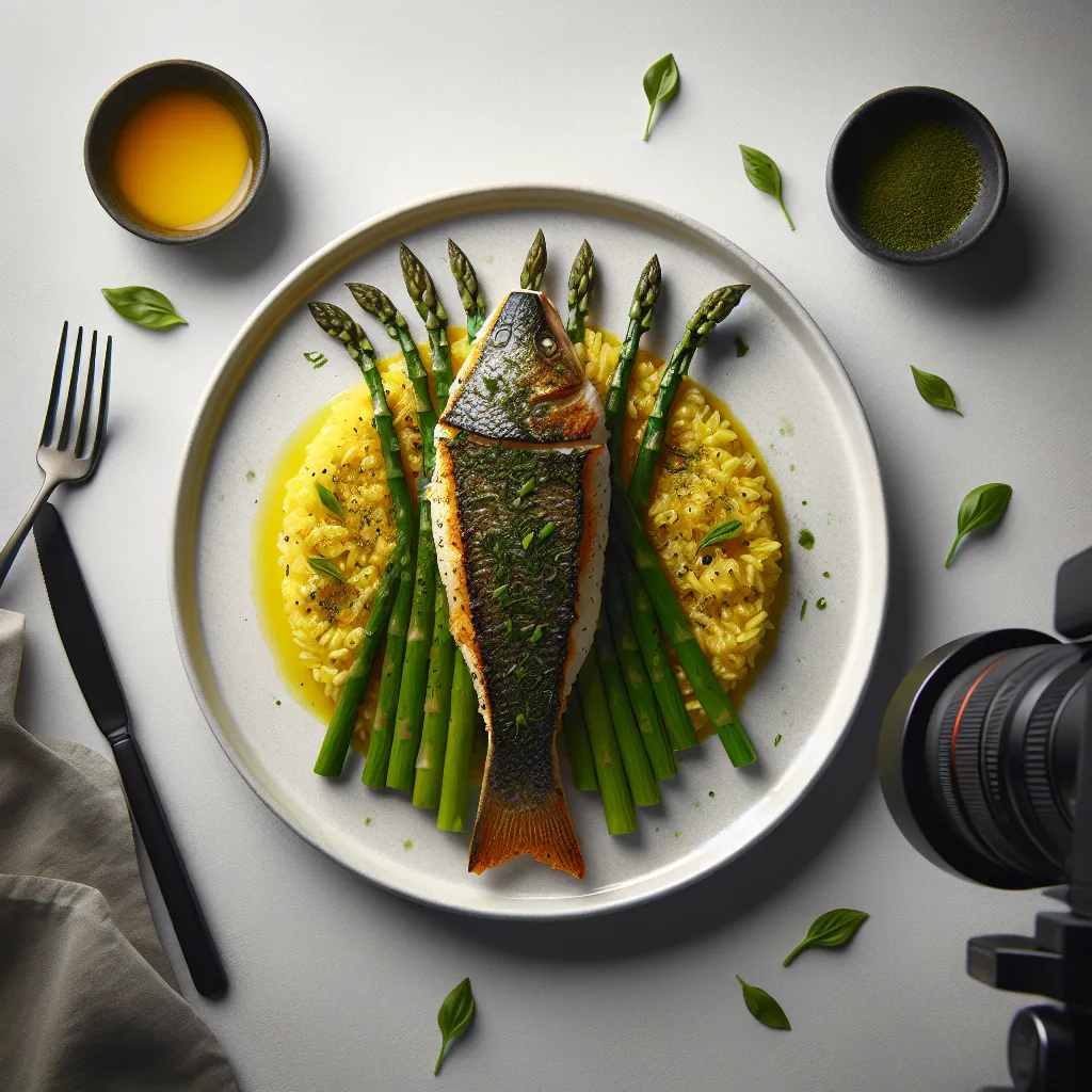 Exotic Herb-Crusted Sea Bass with Saffron Risotto and Asparagus