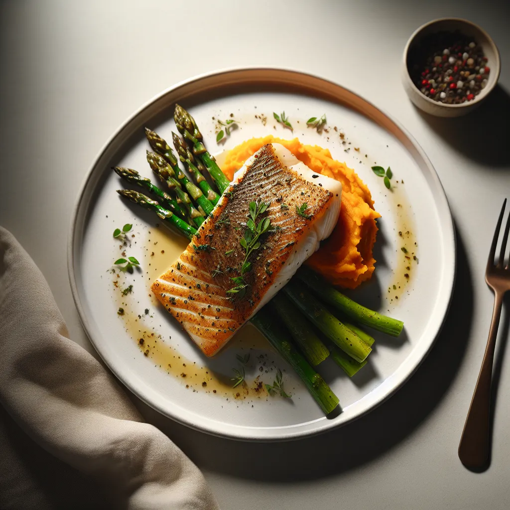 Herb-Crusted Sea Bass with Sweet Potato Mash and Steamed Asparagus