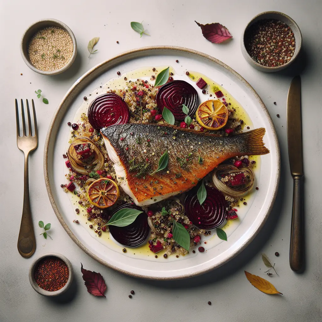 Herb-Crusted Sea Bass with Autumn Vegetables and Quinoa
