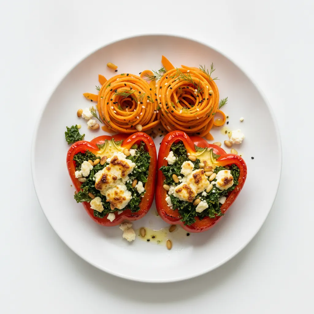 Spicy Kale and Feta Stuffed Peppers with Carrot Noodle Salad