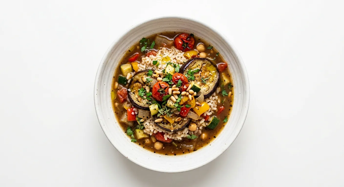 Layered Eggplant and Vegetable Rice with Savory Broth