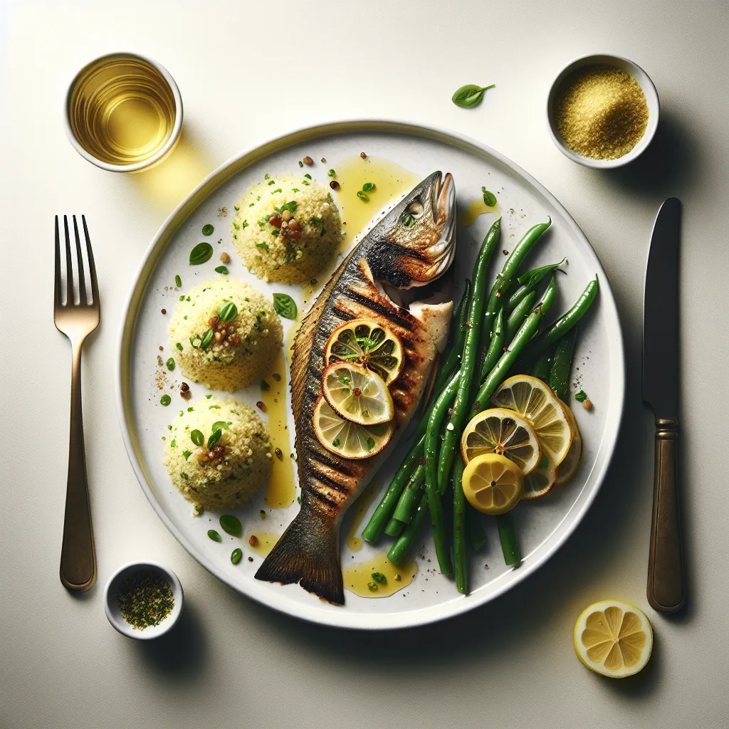 Lemon Herb Grilled Sea Bass with Couscous and Steamed Green Beans