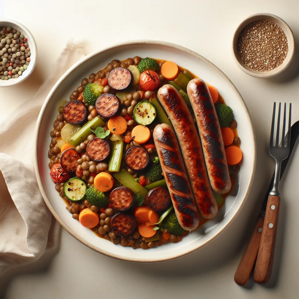 Hearty Lentil and Vegetable Stew with Grilled Vegetarian Sausages