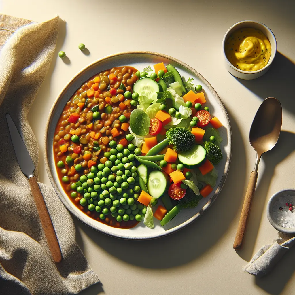 Lentil and Vegetable Stew with Pea and Cucumber Salad