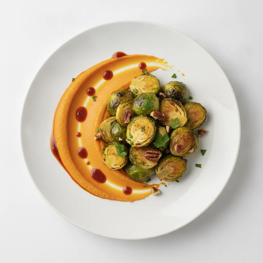 Maple Roasted Brussels Sprouts with Carrot Ginger Purée and Spicy Harissa Sauce
