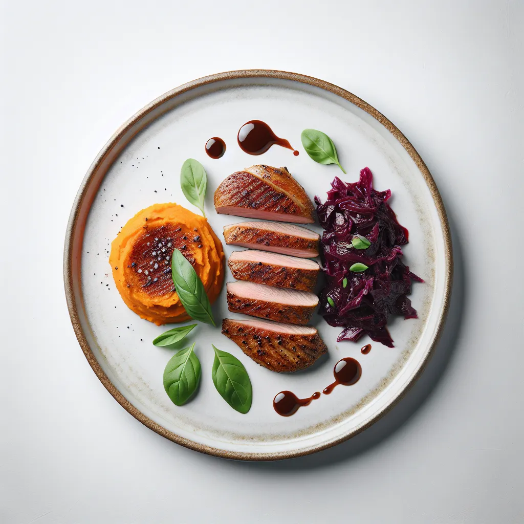 Pan-Seared Duck Breast with Braised Red Cabbage and Sweet Potato Mash