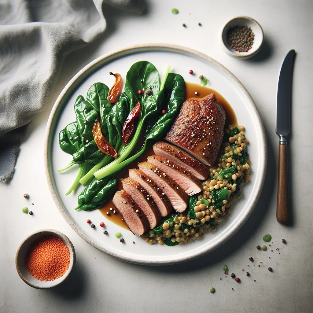 Pan-Seared Duck Breast with Swiss Chard and Lentil Pilaf