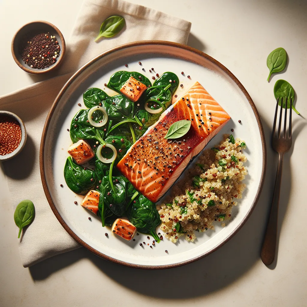 Pan-Seared Salmon with Sautéed Spinach and Quinoa