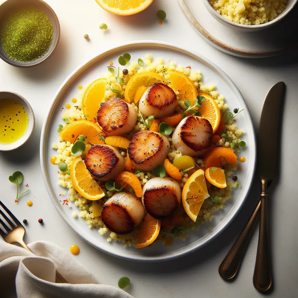 Pan-Seared Scallops with Saffron-Infused Couscous and Citrus Salad