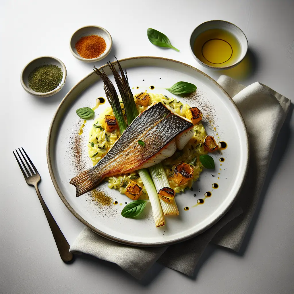 Pan-Seared Sea Bass with Saffron Risotto and Roasted Fennel