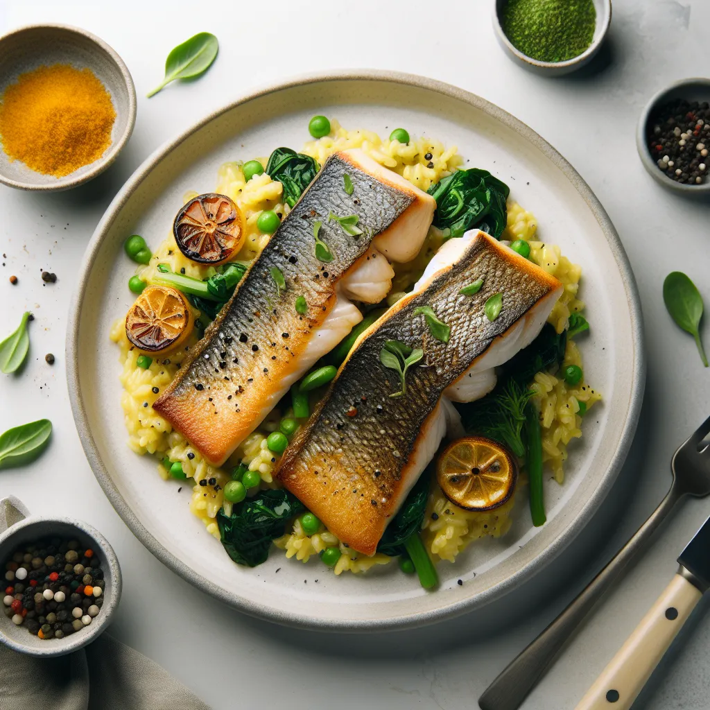 Pan-Seared Sea Bass with Saffron Risotto and Seasonal Greens
