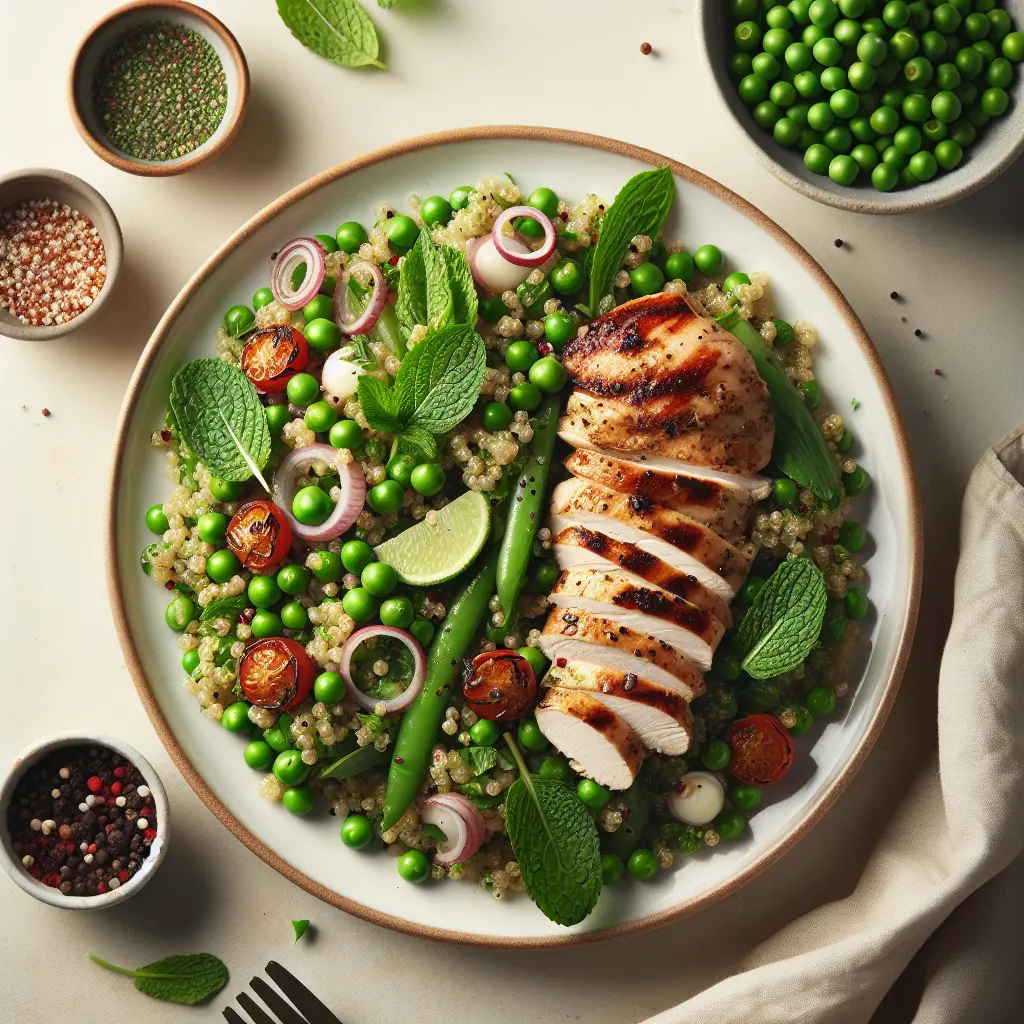 Pea and Mint Quinoa Salad with Grilled Chicken