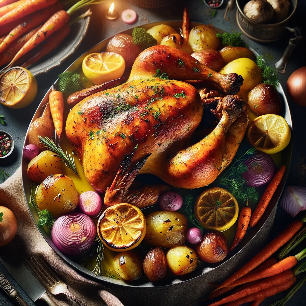 Poulet rôti au citron et herbes avec légumes rôtis