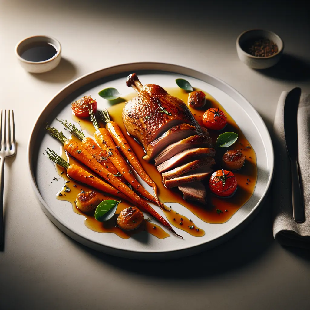 Roasted Duck with Honey-Glazed Carrots and Tomato Confit