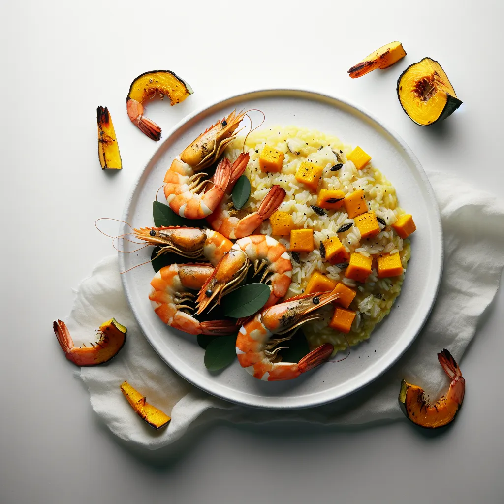Roasted Pumpkin and Saffron Risotto with Grilled Prawns