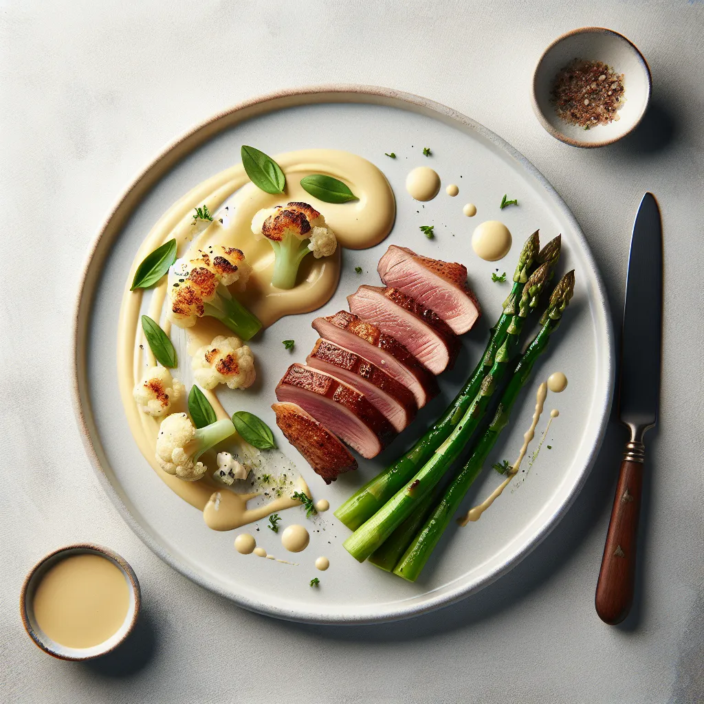 Seared Duck Breast with Cauliflower Purée and Asparagus