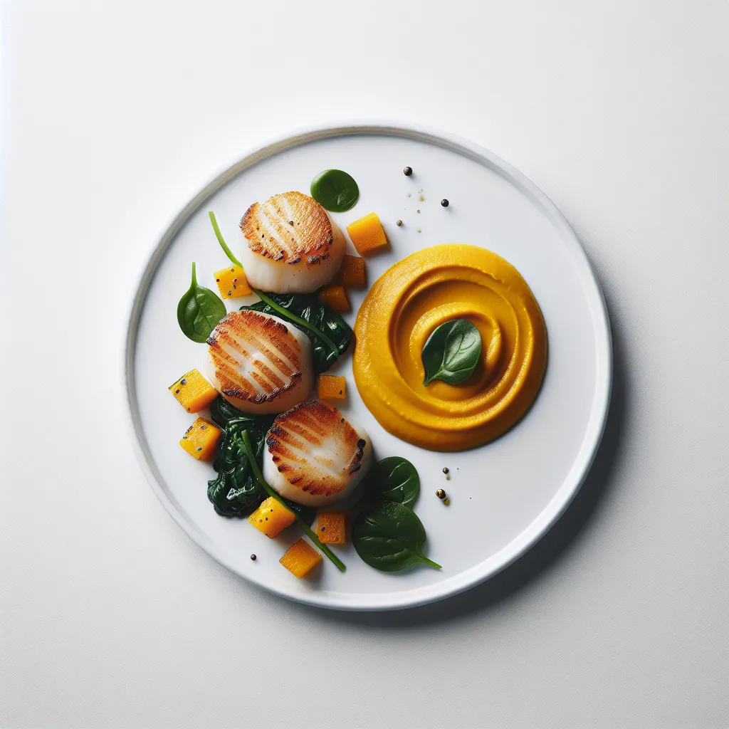 Seared Scallops with Butternut Squash Purée and Sautéed Spinach