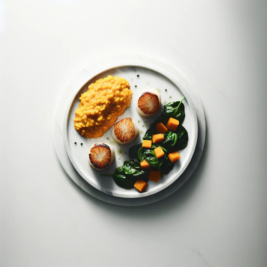 Seared Scallops with Pumpkin Risotto and Sautéed Spinach