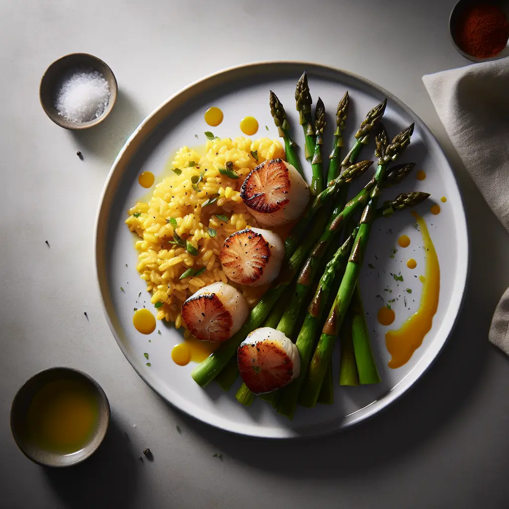 Seared Scallops with Saffron Risotto and Asparagus