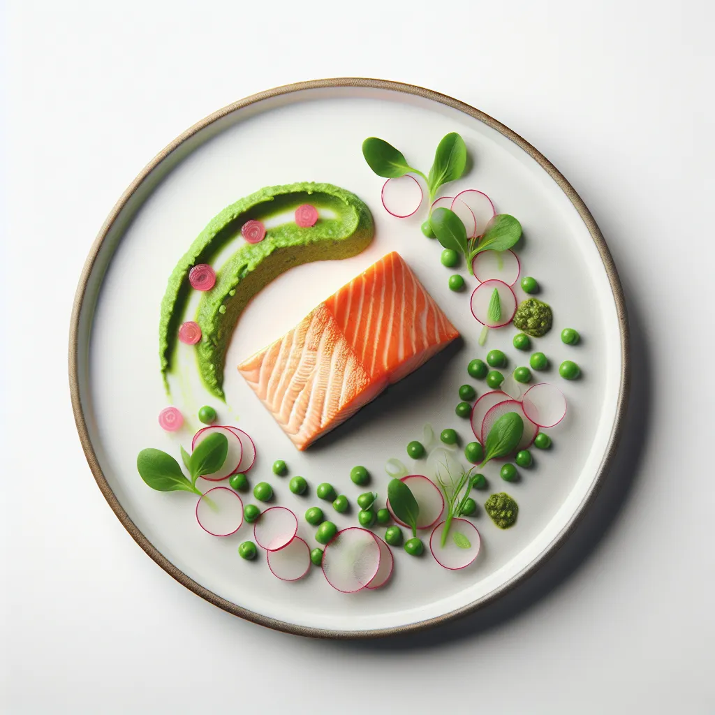 Sous Vide Salmon with Wasabi Pea Purée and Pickled Radish